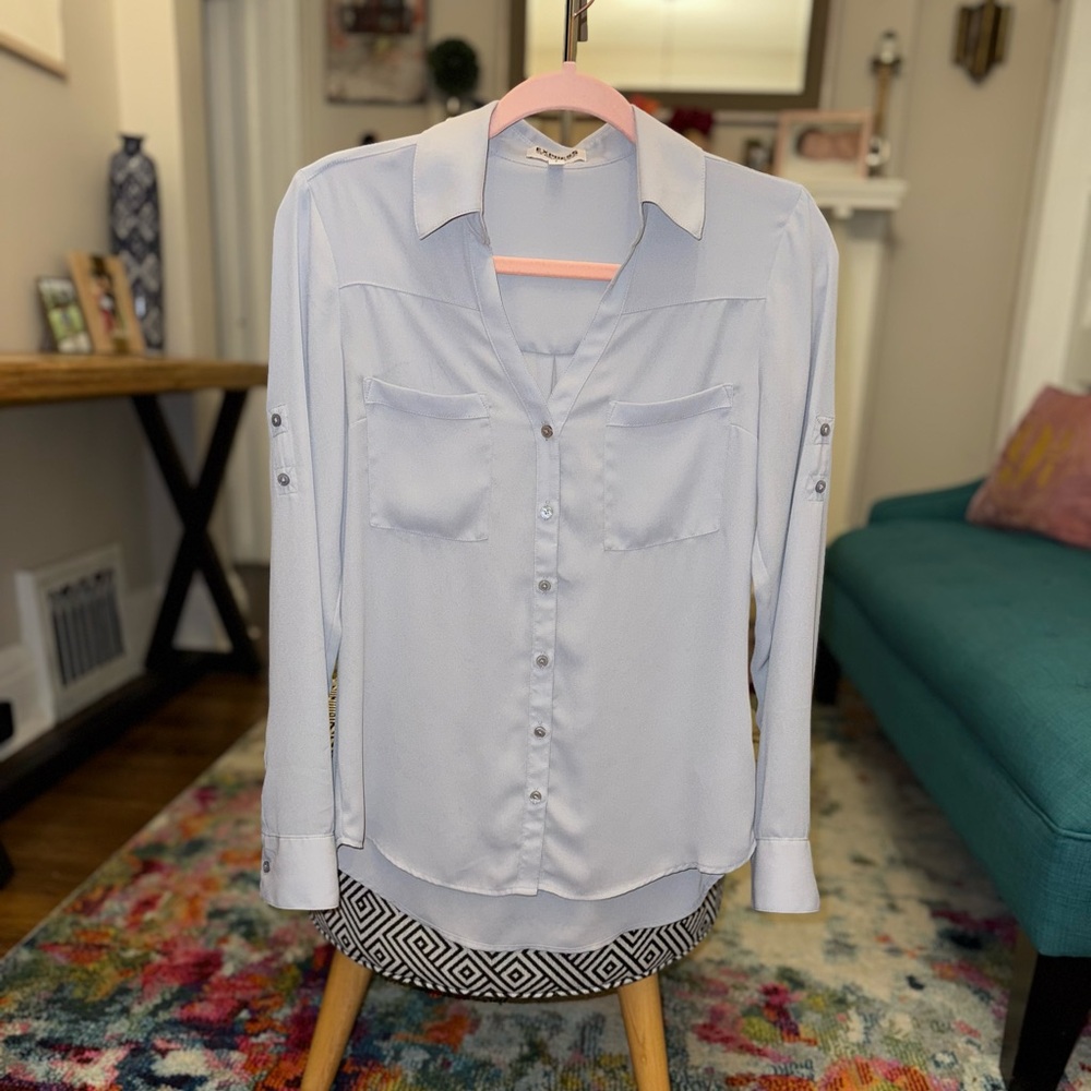 2/$10 • Express Gray Portofino Button Down Blouse - Size: Small